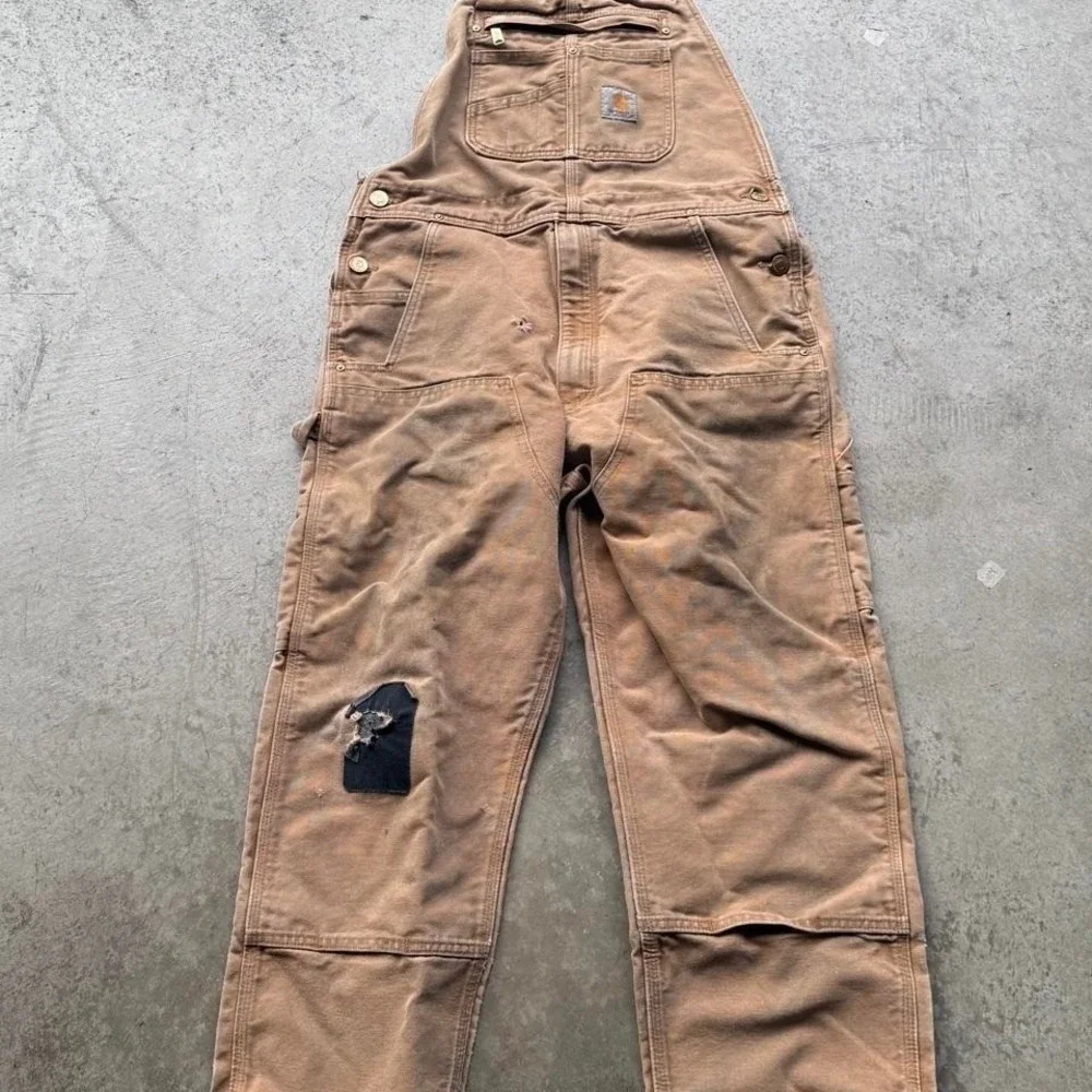 Vintage Carhartt Overalls Faded Distressed Dungarees 34/30 Tan Duck Double Knee - Picture 3 of 7